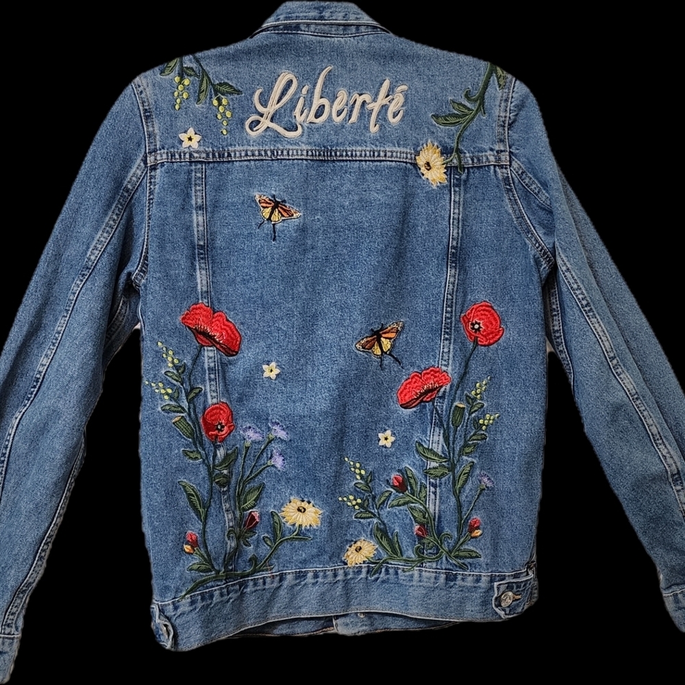 H&M Blue Denim Jacket with Floral Embroidery